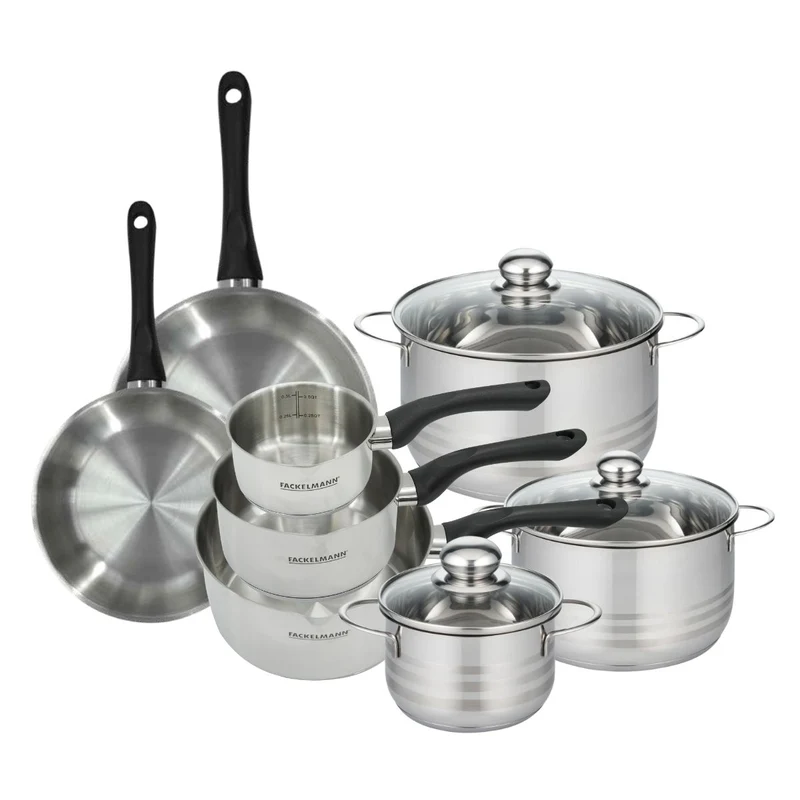 Batterie de cuisine avec 2 poêles 20/24 cm et 3 casseroles 12/16/20 cm et 3 faitouts 16/20/24 cm sans PFAS Fackelmann Généva Brillant