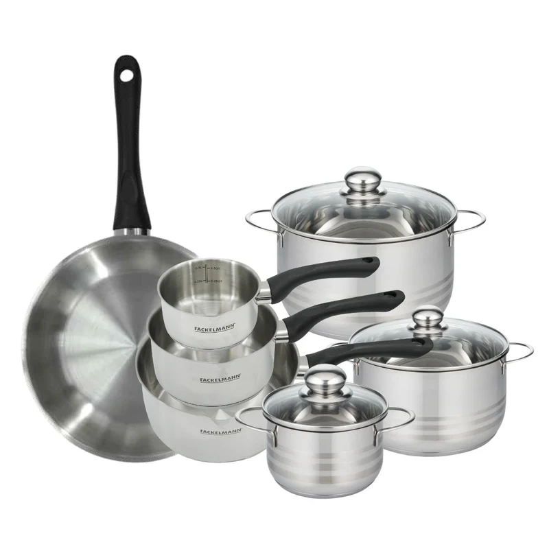 Batterie de cuisine avec 1 poêle 28 cm 3 casseroles 12/16/20 cm et 3 faitouts 16/20/24 cm en inox sans PFAS Fackelmann Généva Brillant