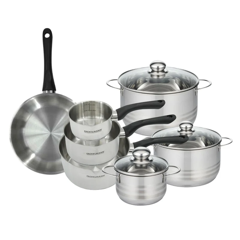 Batterie de cuisine avec 1 poêle 24 cm 3 casseroles 12/16/20 cm et 3 faitouts 16/20/24 cm en inox sans PFAS Fackelmann Généva Brillant