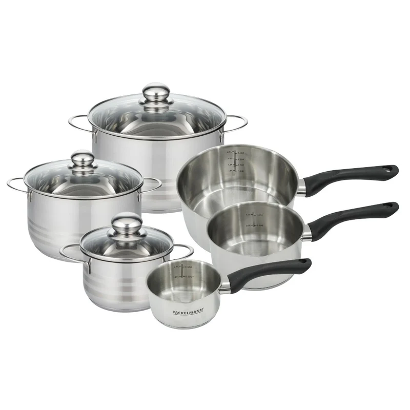 Batterie de cuisine avec 3 casseroles 12/16/20 cm et 3 faitouts 16/20/24 cm en inox sans PFAS Fackelmann Généva Brillant