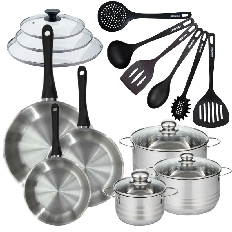 Batterie de cuisine 3 poêles 20/24/28 cm et couvercles, 3 faitouts 16/20/24 cm et 6 ustensiles Fackelmann Geneva