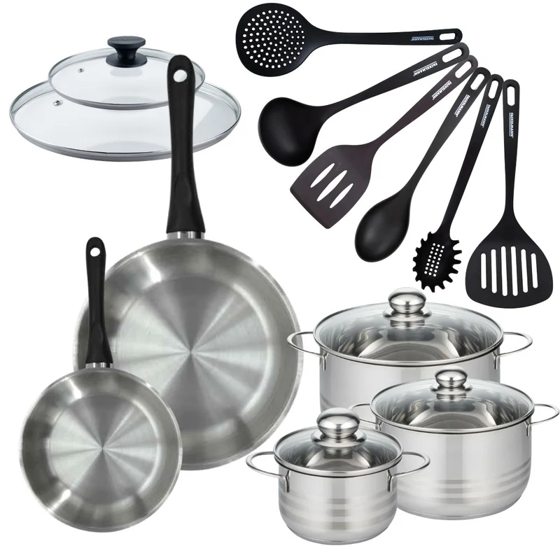 Batterie de cuisine 2 poêles 20/28 cm et couvercle, 3 faitouts 16/20/24 cm et 6 ustensiles Fackelmann Geneva