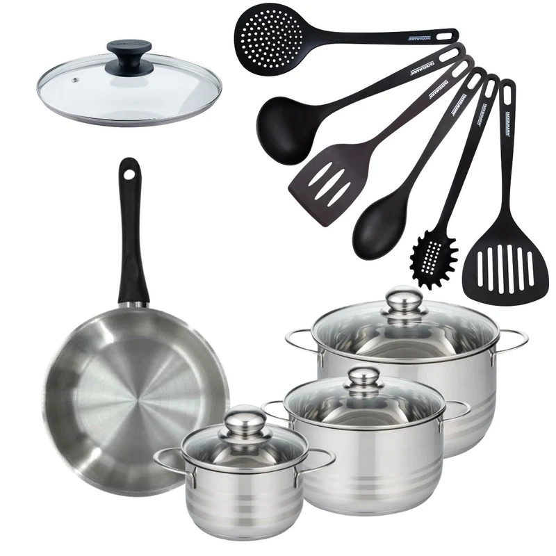 Batterie de cuisine 1 poêle 24 cm et couvercle, 3 faitouts 16/20/24 cm et 6 ustensiles de cuisine Fackelmann Geneva
