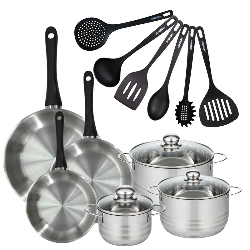 Batterie de cuisine avec 3 poêles 20/24/28 cm et 3 faitouts 16/20/24 cm avec 6 ustensiles de cuisine sans PFAS Fackelmann Généva Brillant Fénix