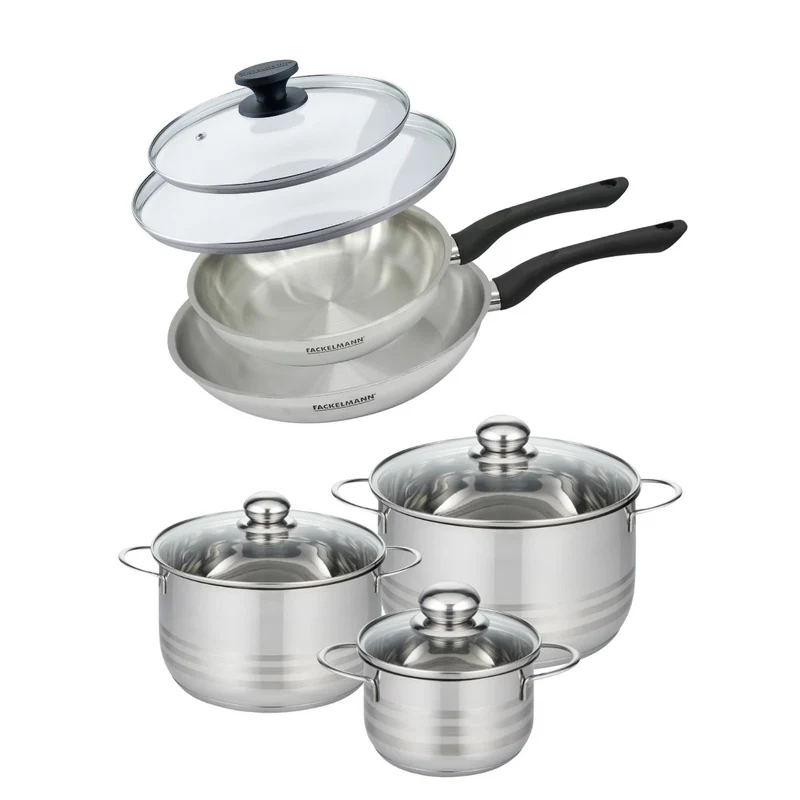 Batterie de cuisine avec 2 poêles 24/28 cm et 3 faitouts 16/20/24 cm sans PFAS Fackelmann Généva Brillant avec couvercles