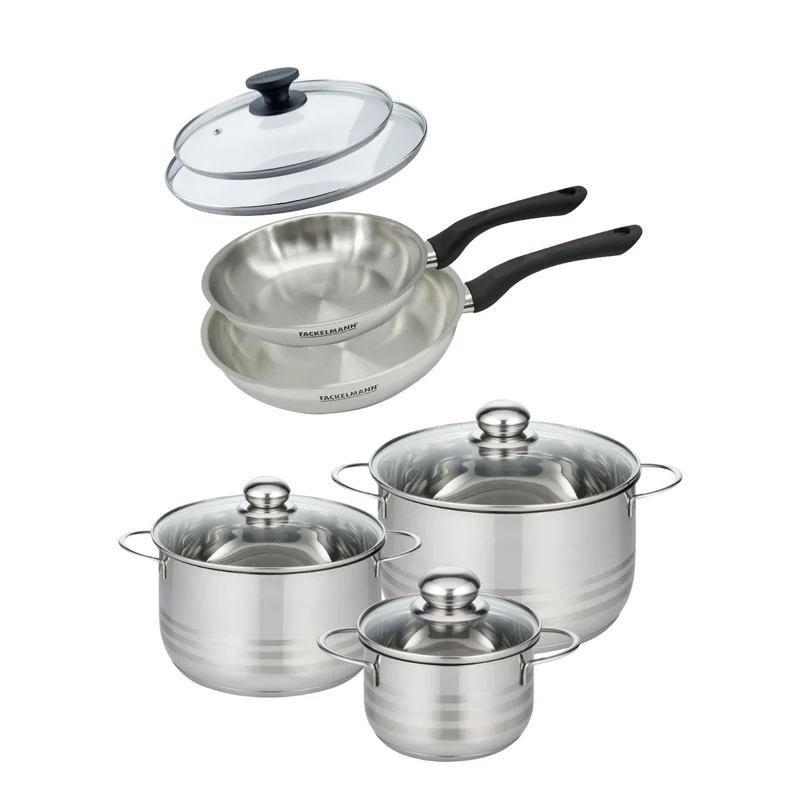 Batterie de cuisine avec 2 poêles 20/24 cm et 3 faitouts 16/20/24 cm sans PFAS Fackelmann Généva Brillant avec couvercles