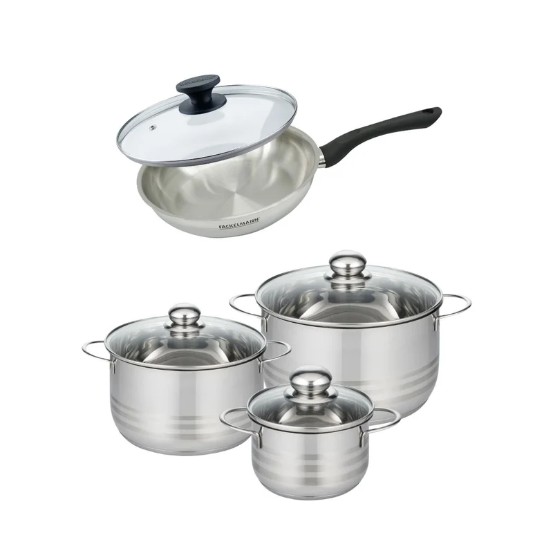 Batterie de cuisine avec 1 poêle 24 cm et 3 faitouts 16/20/24 cm sans PFAS Fackelmann Généva Brillant avec couvercles