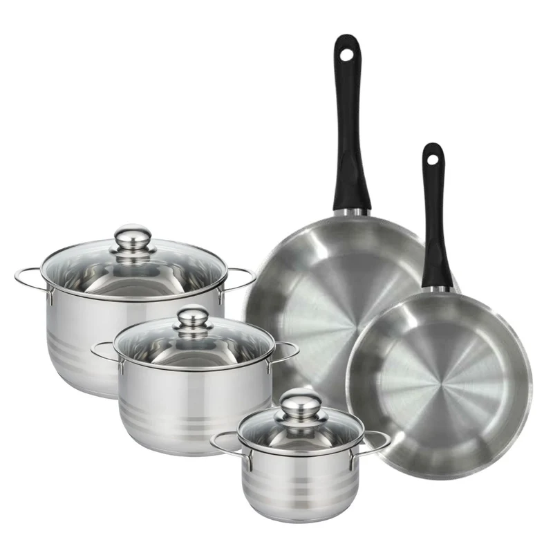 Batterie de cuisine avec 2 poêles 24/28 cm et 3 faitouts 16/20/24 cm en inox sans PFAS Fackelmann Généva Brillant