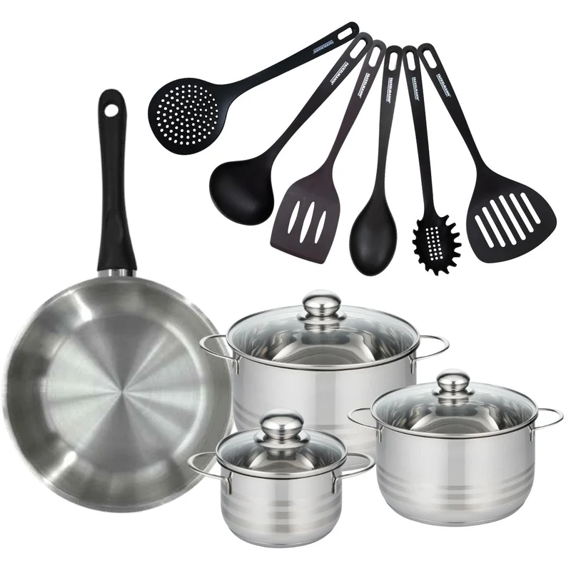 Batterie de cuisine avec 1 poêle 28 cm et 3 faitouts 16/20/24 cm avec 6 ustensiles de cuisine Fackelmann Généva Brillant Fénix