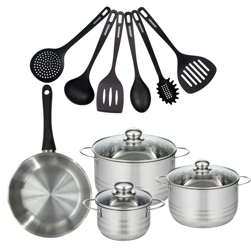 Batterie de cuisine avec 1 poêle 24 cm et 3 faitouts 16/20/24 cm avec 6 ustensiles de cuisine sans PFAS Fackelmann Généva Brillant Fénix