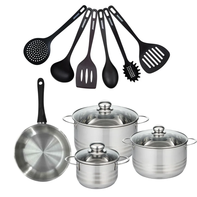 Batterie de cuisine avec 1 poêle 20 cm et 3 faitouts 16/20/24 cm et 6 ustensiles de cuisine sans PFAS Fackelmann Généva Brillant Fénix
