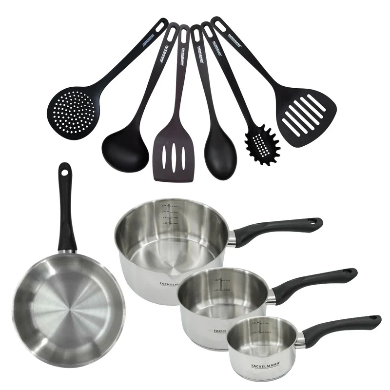 Set 1 poêle 24 cm 3 casseroles 12 16 et 20 cm en inox et 6 ustensiles Fackelmann Geneva
