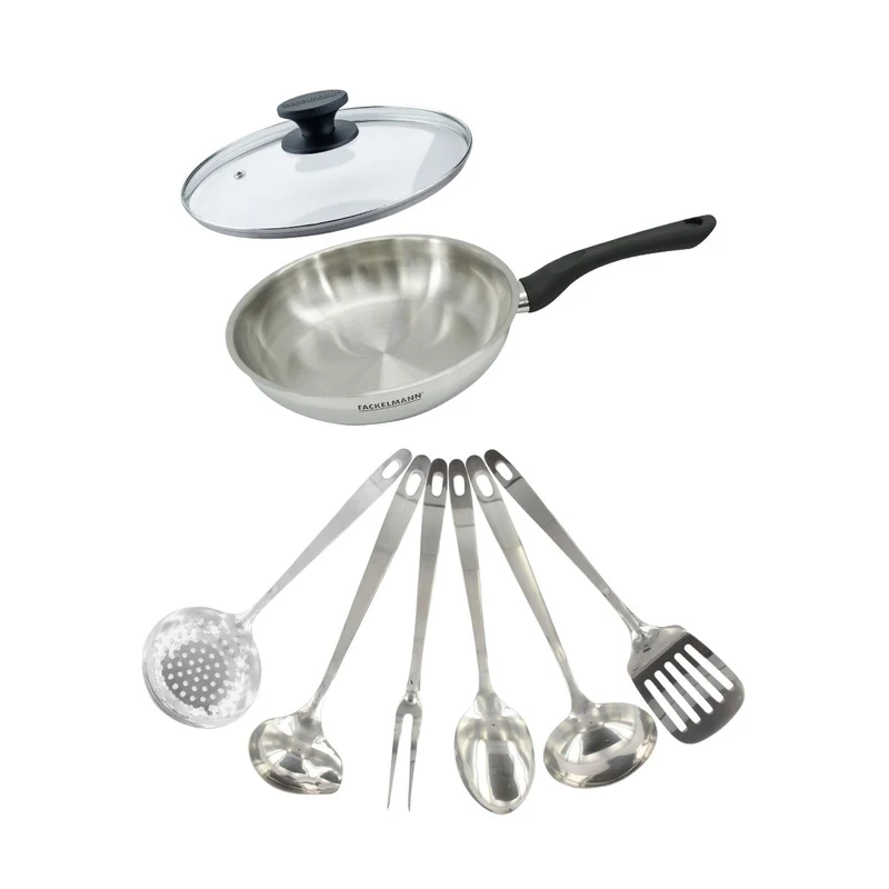 Set poêle 24 cm en inox, couvercle verre et 6 ustensiles inox Fackelmann Geneva