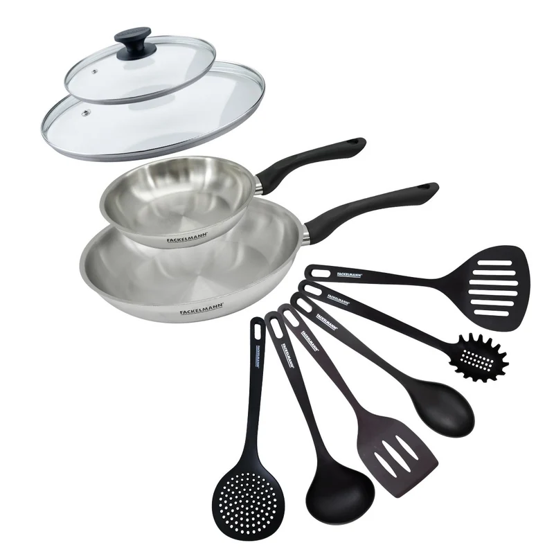 Set 2 poêles 20 et 28 cm en inox, couvercles verre et 6 ustensiles Fackelmann Geneva