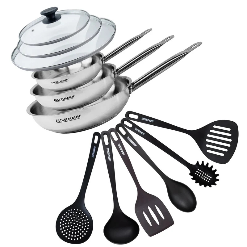 Set de 3 poêles de 20 24 et 28 cm en inox, 3 couvercles en verre et 6 ustensiles Fackelmann Eterna
