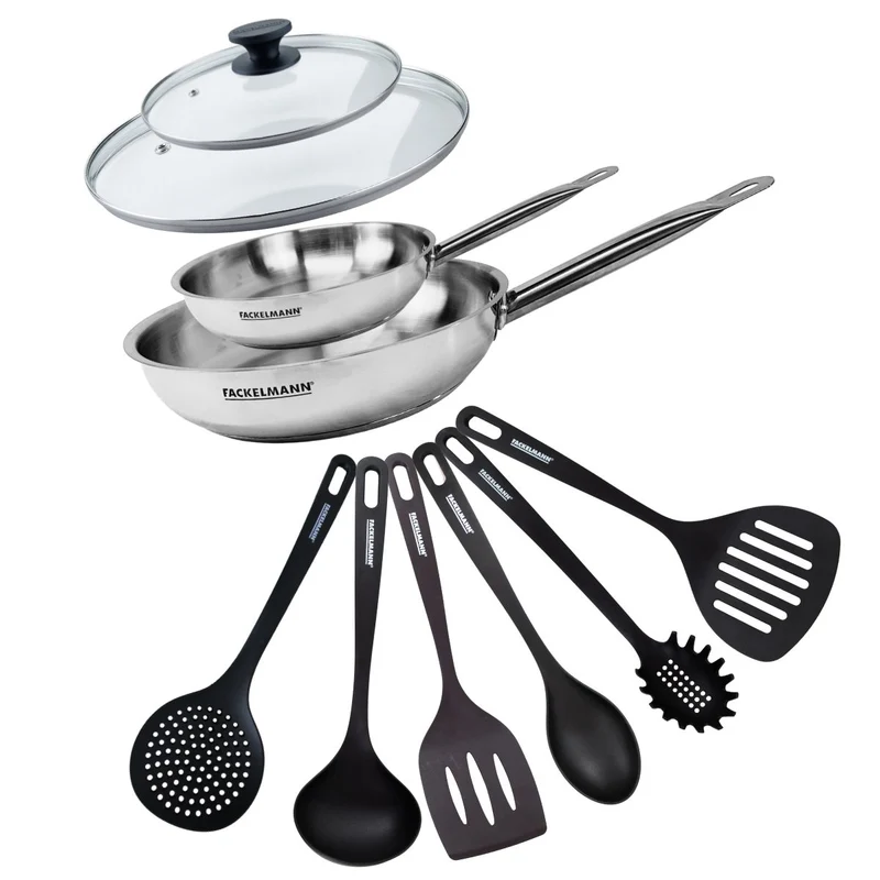 Set de 2 poêles de 20 et 28 cm en inox, 2 couvercles en verre et 6 ustensiles Fackelmann Eterna