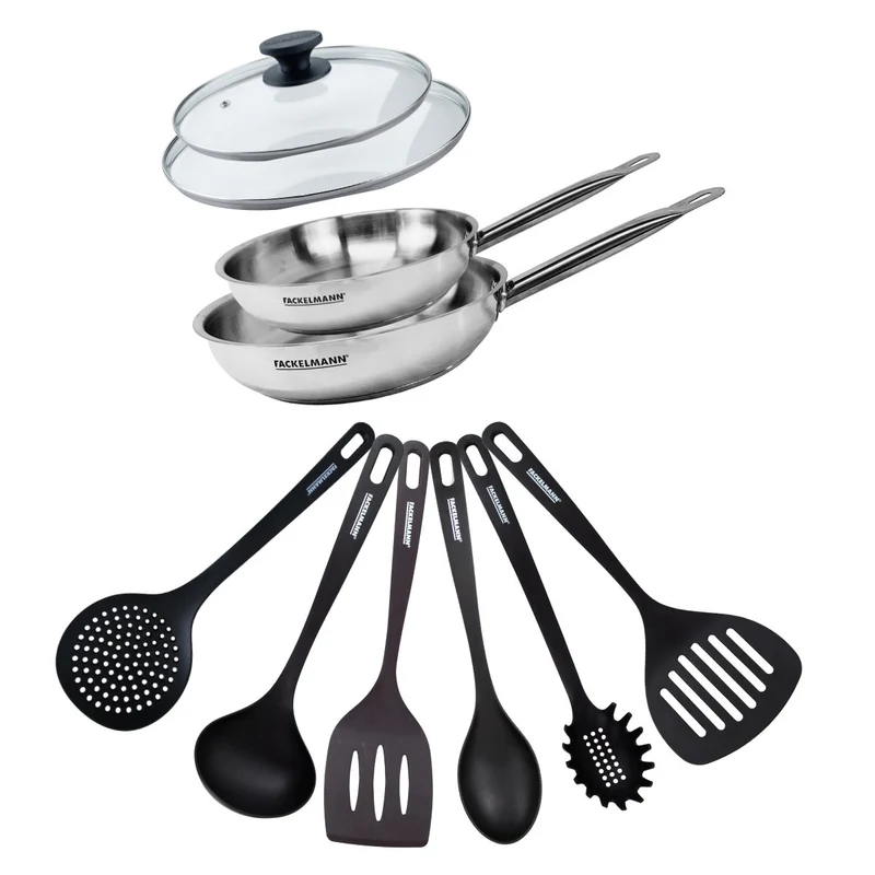 Set de 2 poêles de 20 et 24 cm en inox, 2 couvercles en verre et 6 ustensiles Fackelmann Eterna