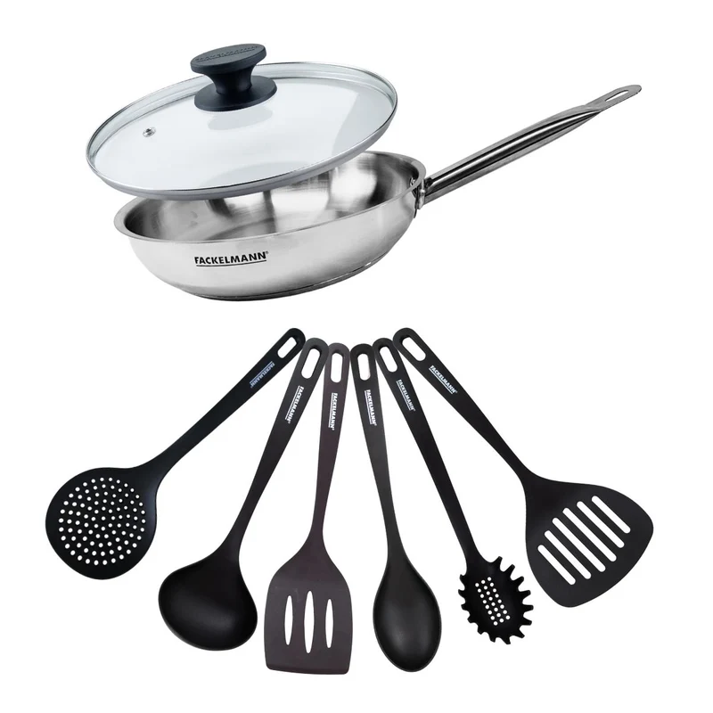 Set de 1 poêle de 28 cm en inox 1 couvercle en verre et 6 ustensiles Fackelmann Eterna
