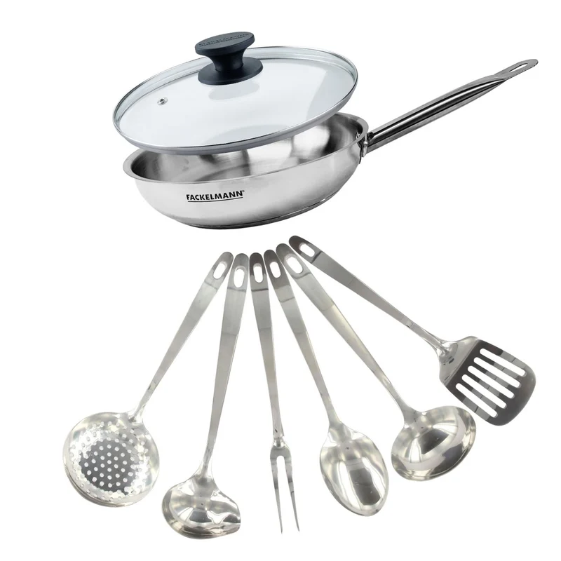 Set poêle 28 cm en inox, couvercle verre et 6 ustensiles inox Fackelmann Eterna
