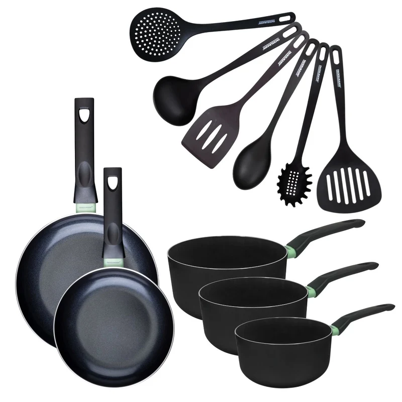 Set de 2 poêles 20 et 24 cm, 3 casseroles céramique 16, 18 et 20 cm et 6 ustensiles Fackelmann Brandao