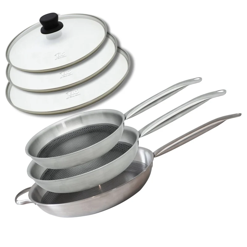 Lot de 3 poêles de cuisson 24/28/32 cm en acier inoxydable avec 4 couvercles Elo Relief Solution avec couvercles