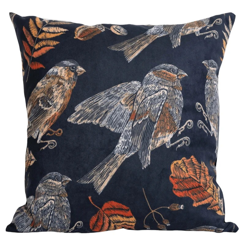 Coussin 18 x 18 po en velours imprimé d'oiseaux colorés - Panama
