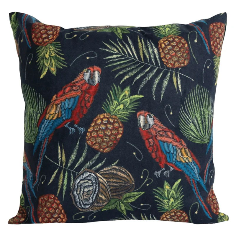 Coussin 18 x 18 po en velours imprimé d'oiseaux tropicaux - Lima