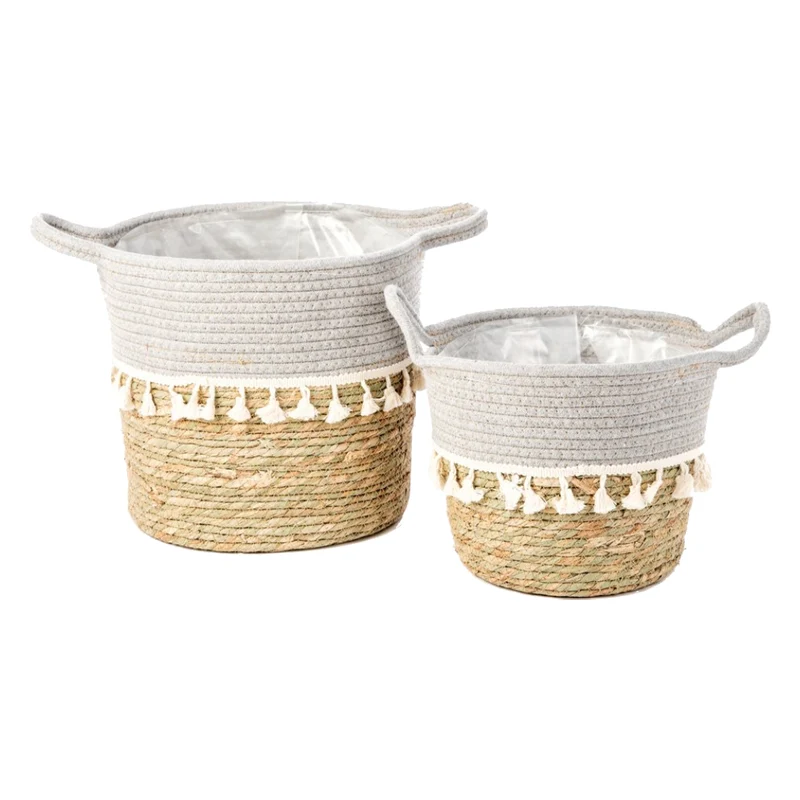 Ensemble de 2 cache-pots en jute naturel et coton gris pâle - Bollywood