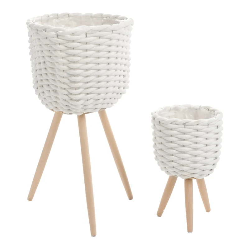 Ensemble de 2 cache-pots en coton blanc et bois naturel
