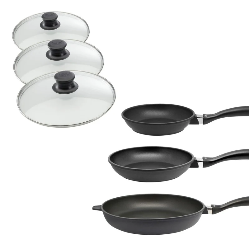 Set de 3 poêles 24 cm 28 cm et 32 cm et couvercles sans PFAS Elo Alucast