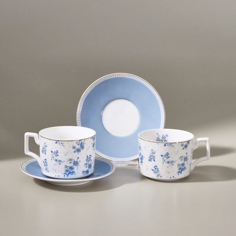 Karaca Jardin Service de Tasses à Thé et Sous-Tasses en Bone China, 4 Pièces, pour 2 Personnes, 230 ml, Bleu
