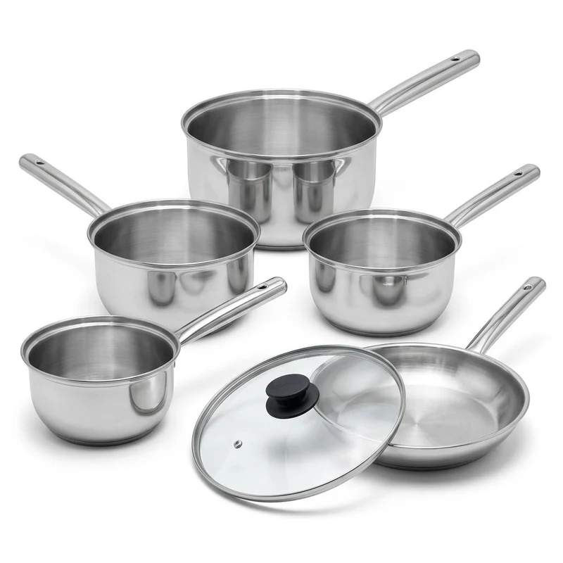 Lot de 4 casseroles en inox 16/18/20/22 cm et poêle avec couvercle 28 cm Fackelmann Rhona