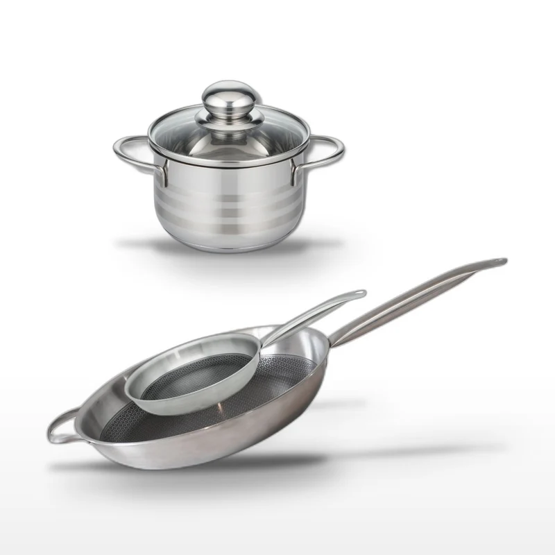 Batterie de cuisine avec 2 poêles de cuisson 24/32 cm et 1 faitout 12 cm en acier inoxydable sans PFAS Elo Collection Relief Solution Brillant