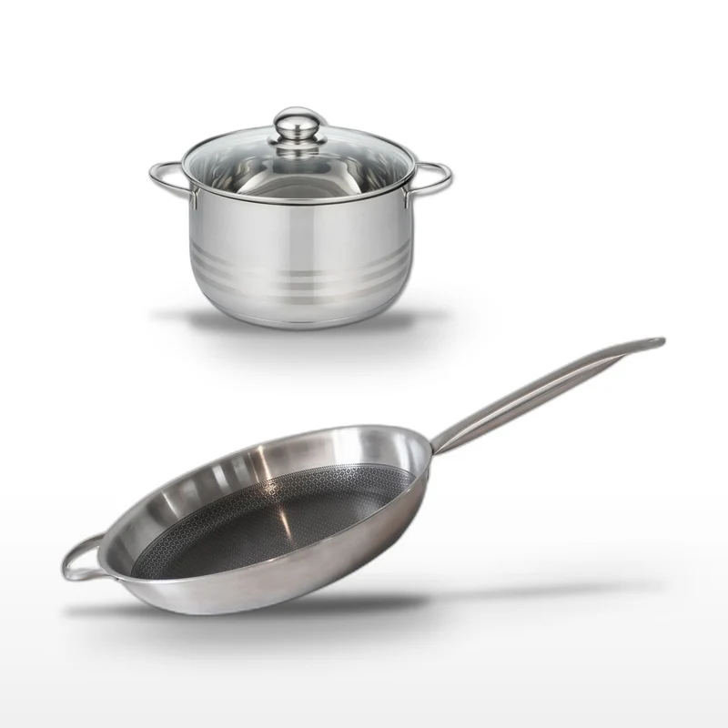 Batterie de cuisine avec 1 poêle de cuisson 32 cm et 1 faitout 20 cm en acier inoxydable sans PFAS Elo Collection Relief Solution Brillant