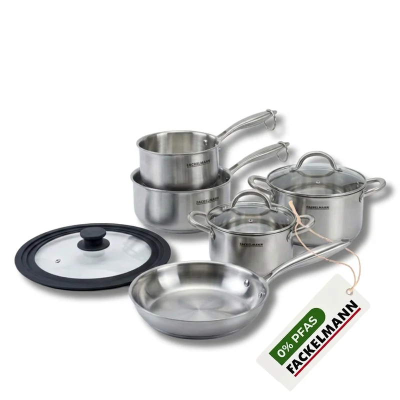 Batterie de cuisine avec 1 poêle 24 cm 3 casseroles 14/18 cm et 1 couvercle de cuisson universel sans PFAS Fackelmann Vita3