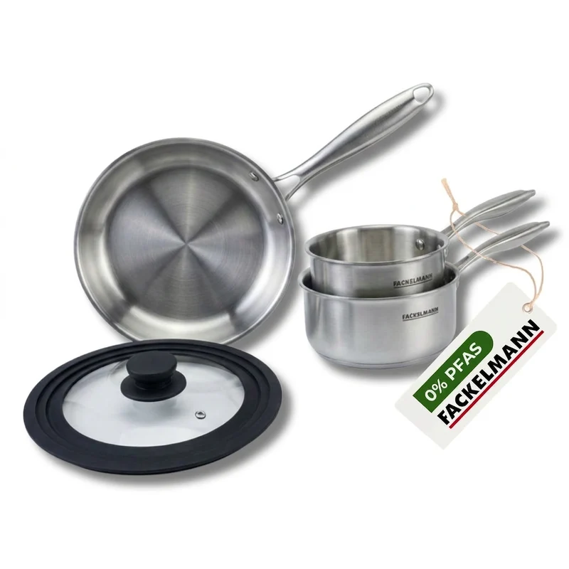 Batterie de cuisine avec 1 poêle 20 cm et 2 casseroles 14/18 cm avec 1 couvercle de cuisson universel sans PFAS Fackelmann Vita3
