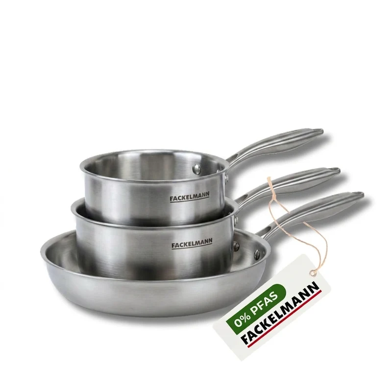 Batterie de cuisine avec 1 poêle 24 cm et 2 casseroles 14/18 cm en inox sans PFAS Fackelmann Vita3