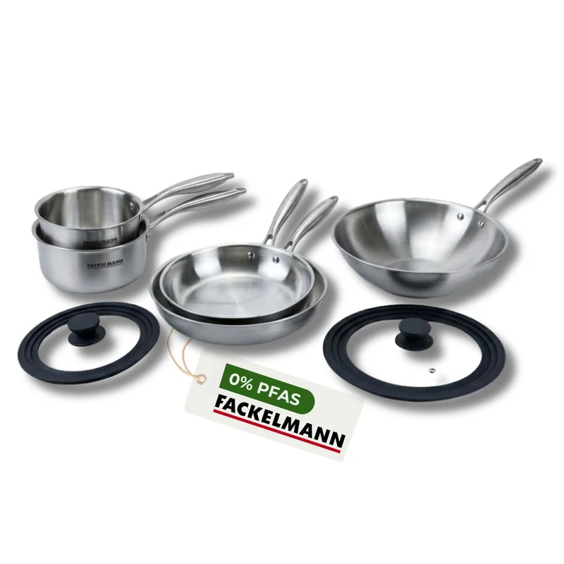 Poêles à Frire 24 et 28 cm, Casseroles 14 et 18 cm, Wok 28 cm inox 18/10 Triply et 2 couvercles Fackelmann Vita3