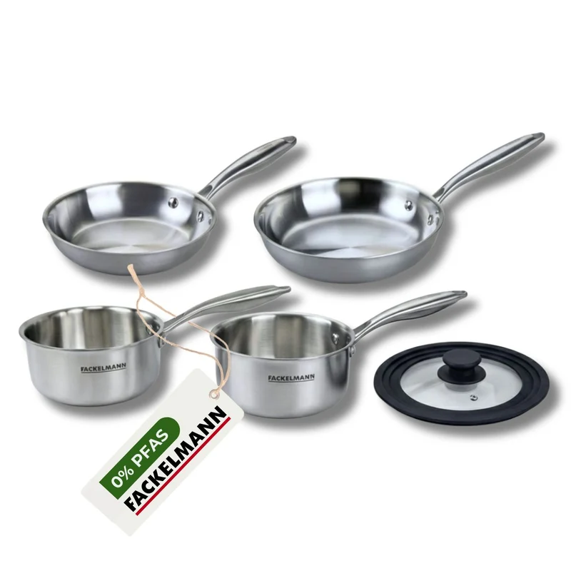 Poêles à Frire 20 et 24 cm Casseroles 14 et 18 cm inox 18/10 Triply et couvercle Fackelmann Vita3