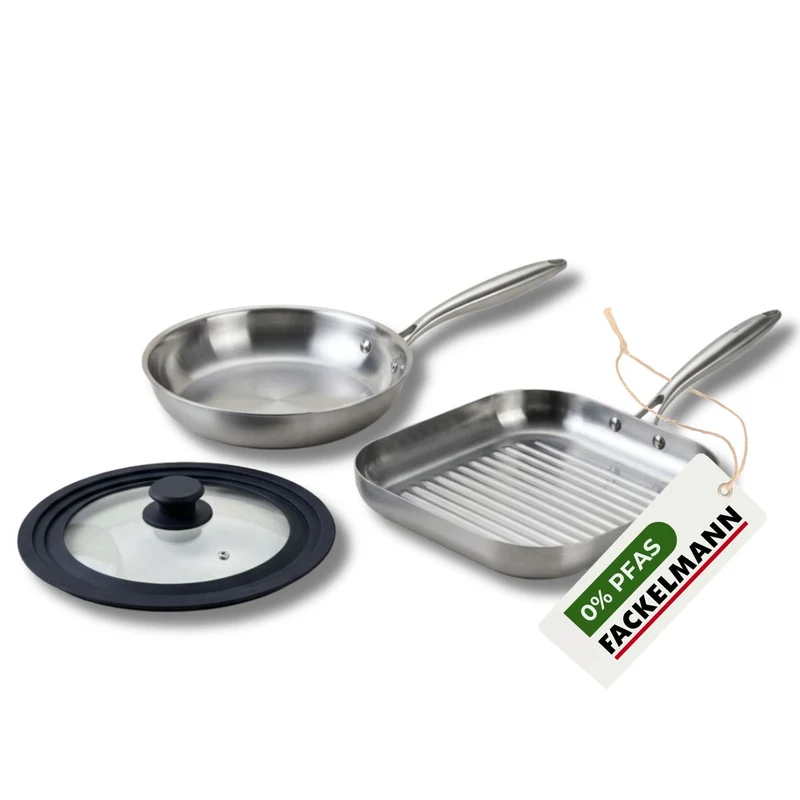 Poêle à Frire 26 cm et Gril 28 cm inox 18/10 Triply et couvercle Fackelmann Vita3