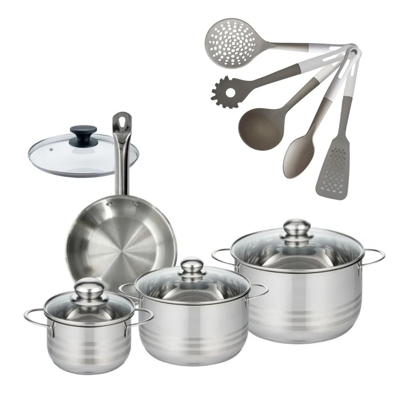 Batterie de cuisine avec 3 faitouts 16/20/24 cm et 1 poêle 20 cm avec 6 ustensiles de cuisine Fackelmann Etherna Brillant Vario avec couvercles