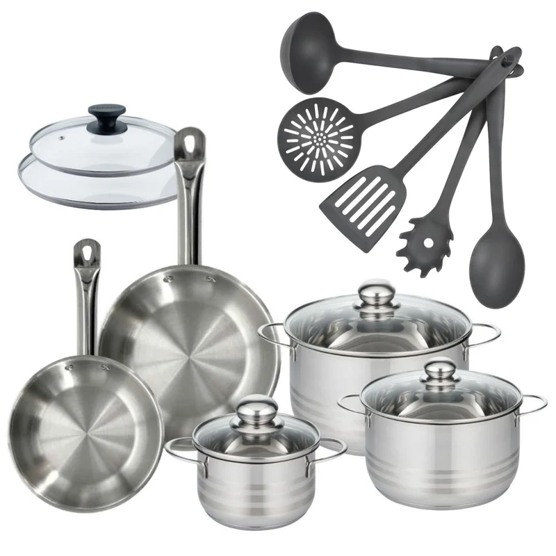 Batterie de cuisine avec 3 faitouts 16/20/24 cm et 2 poêles 20/24 cm avec 7 ustensiles de cuisine Fackelmann Etherna Brillant Clip avec couvercles