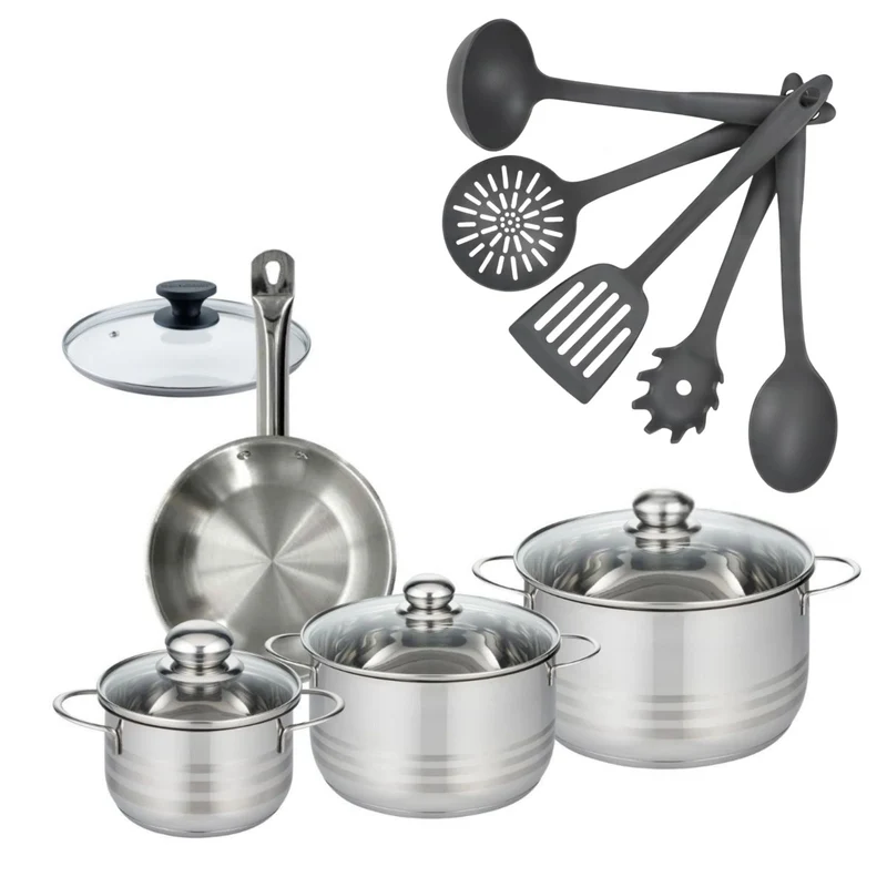 Batterie de cuisine avec 3 faitouts 16/20/24 cm 1 poêle 20 cm et 6 ustensiles de cuisine sans PFAS Fackelmann Etherna Brillant Clip avec couvercles
