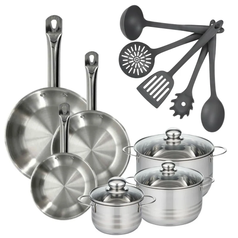 Batterie de cuisine avec 3 faitouts 16/20/24 cm et 3 poêles 20/24/28 cm avec 5 ustensiles de cuisine sans PFAS Fackelmann Etherna Brillant Clip