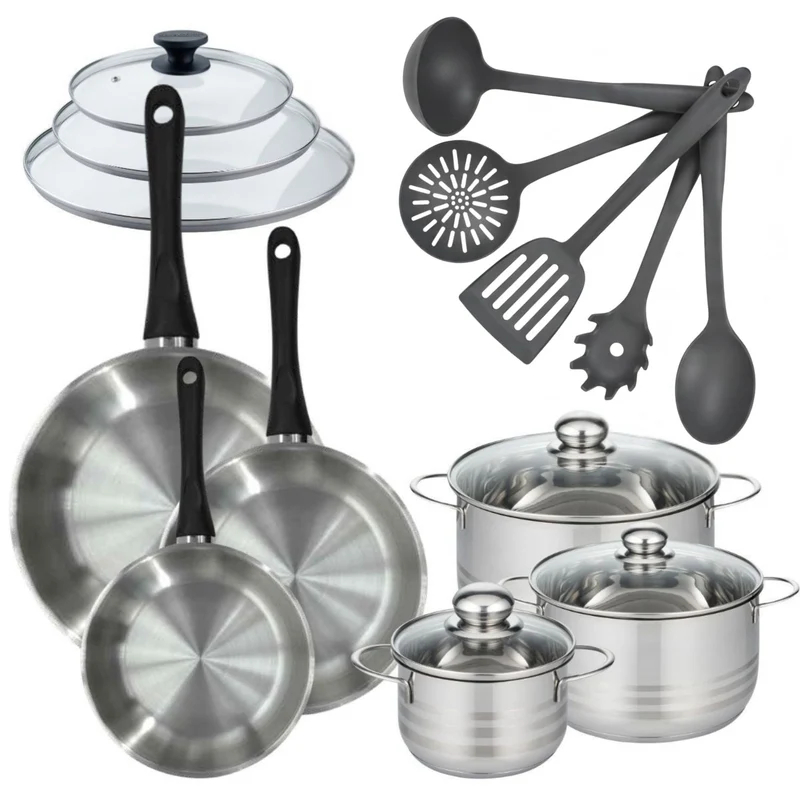 Batterie de cuisine avec 3 faitouts 16/20/24 cm et 3 poêles 20/24/28 cm et 8 ustensiles de cuisine Fackelmann Généva Brillant Clip avec couvercles