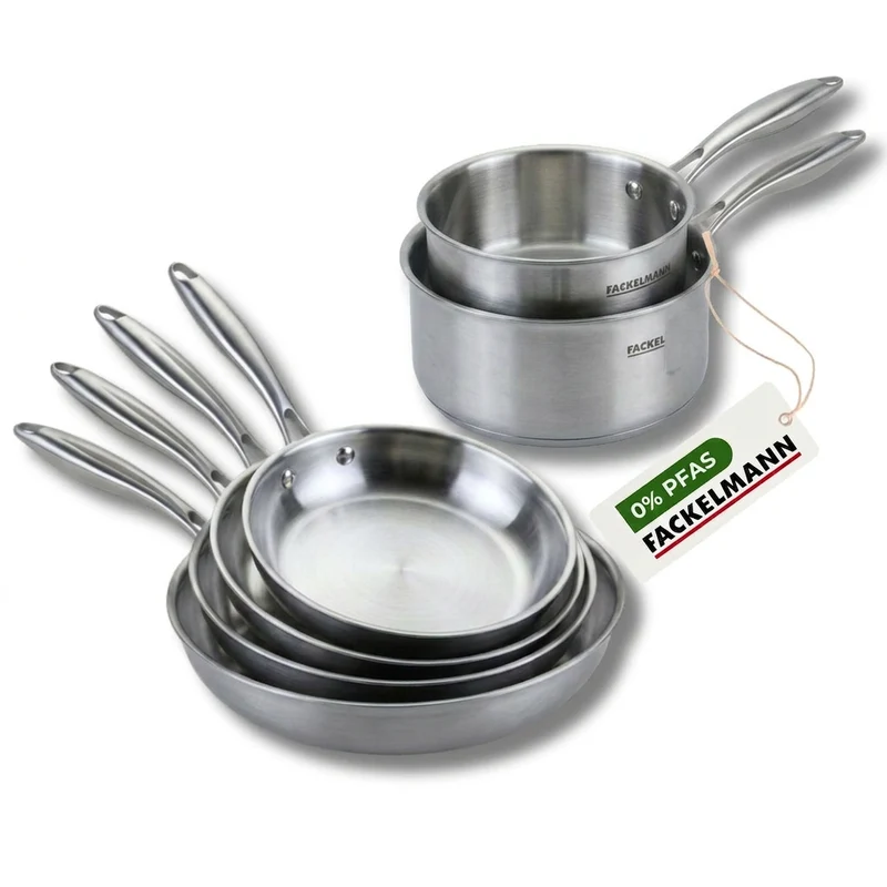 Batterie de cuisine avec 4 poêles 20/24/26/28 cm et 2 casseroles 14/18 cm en inox sans PFAS Fackelmann Vita3