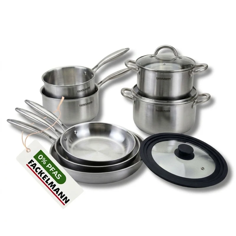 Batterie de cuisine avec 3 poêles 20/24/28 cm et 2 casseroles 14/18 cm et 1 couvercle de cuisson universel sans PFAS Fackelmann Vita3