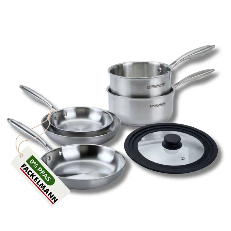 Batterie de cuisine avec 3 poêles 20/24/28 cm et 2 casseroles 14/18 cm et 1 couvercle de cuisson universel sans PFAS Fackelmann Vita3