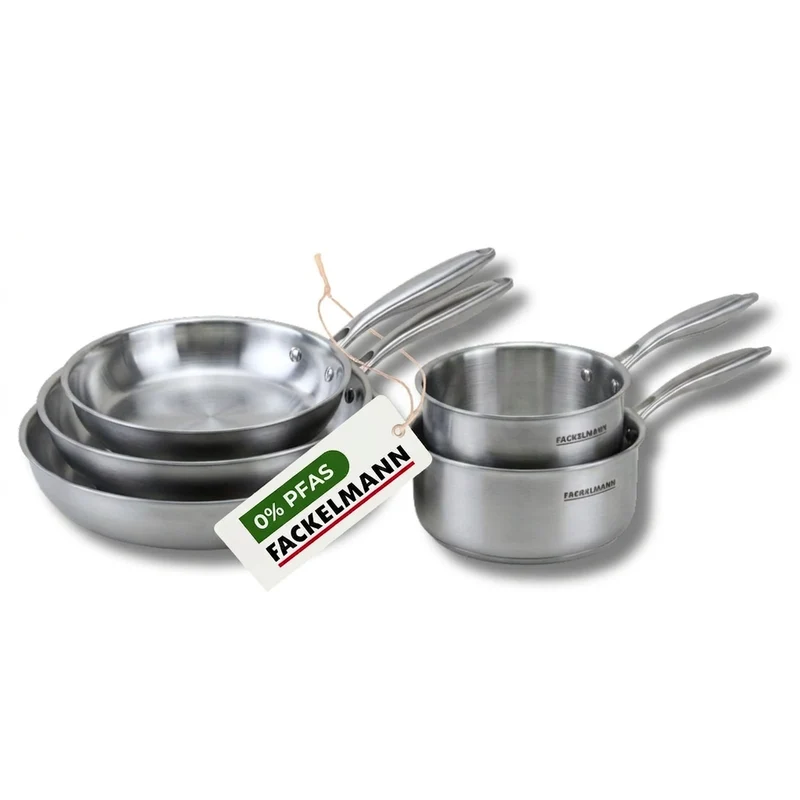 Batterie de cuisine avec 3 poêles 20/26/28 cm et 2 casseroles 14/18 cm en inox sans PFAS Fackelmann Vita3