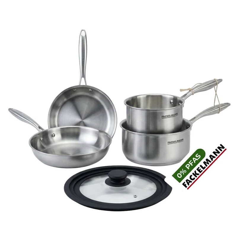 Batterie de cuisine avec 2 poêles 20/24 cm et 2 casseroles 14/18 cm avec 1 couvercle de cuisson universel sans PFAS Fackelmann Vita3